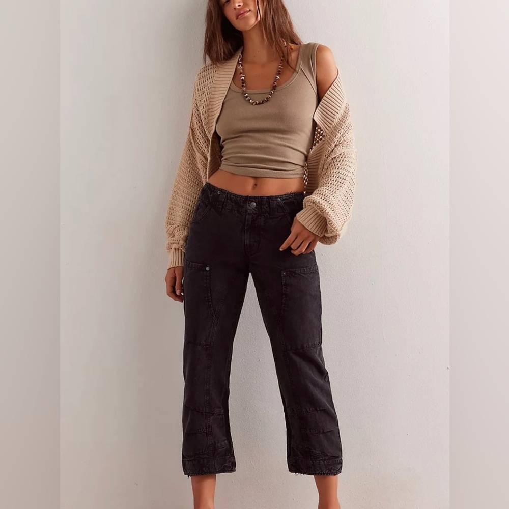 FREE PEOPLE Denim Cropped Slim Barrel Pants Distressed Black NWT Supersonic - Picture 2 of 13